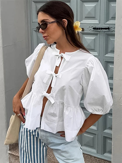 Hollow Out Short Sleeve T-shirt Shirts ’s Summer Patchwork Lace-up Loose Female Y2k Top Shirts