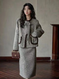 Sweet Hot Girl Suit Winter Oneck Longsleeved Coat High Waist Aline Skirt Twopiece Set Female Clothes