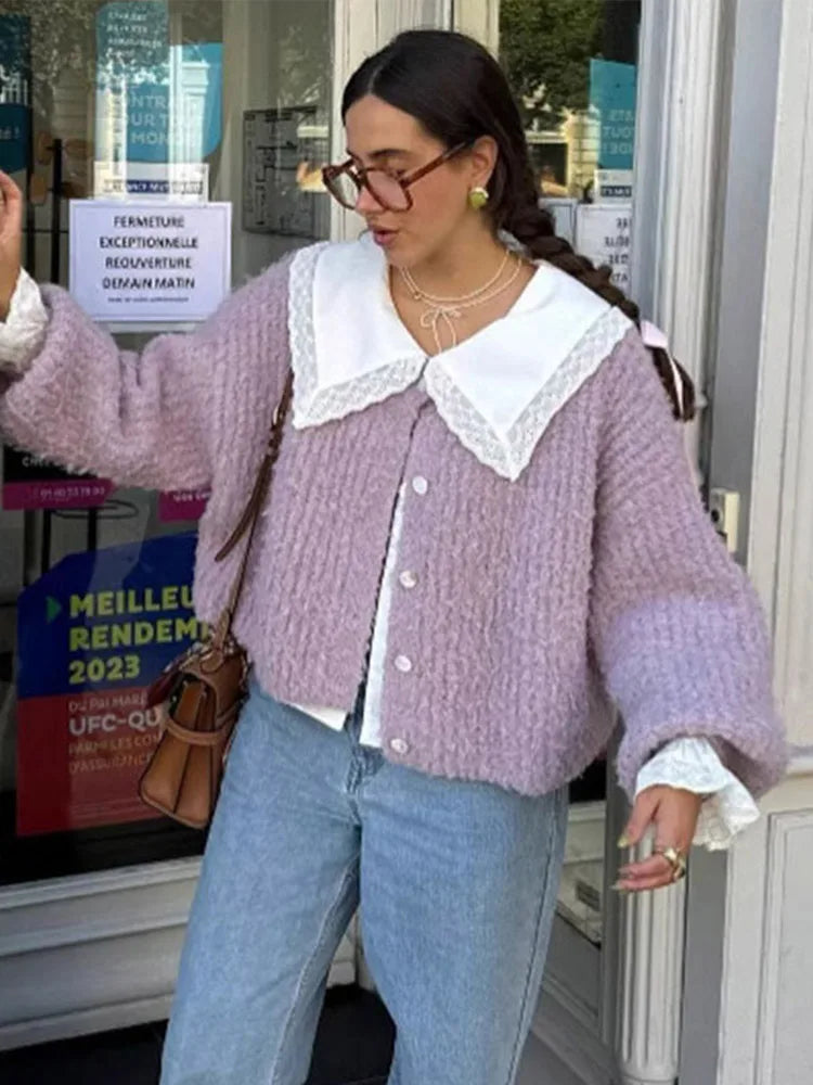 Color Simple Knitted Cardigan Loose Round Neck Single Breasted Sweater Retro Tops Short Sweaters