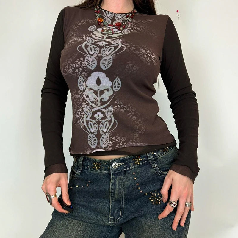 Contrast Color Mesh T-shirt Long Sleeve O Neck Fitted Crop Top Semi-sheer Grunge Style Brown Tee