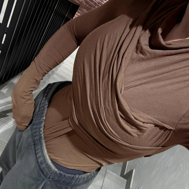 Brown Irregular Folds Bodysuit Stylish Long Sleeve Autumn Fitted Body Top O Neck Rompers Clubwear