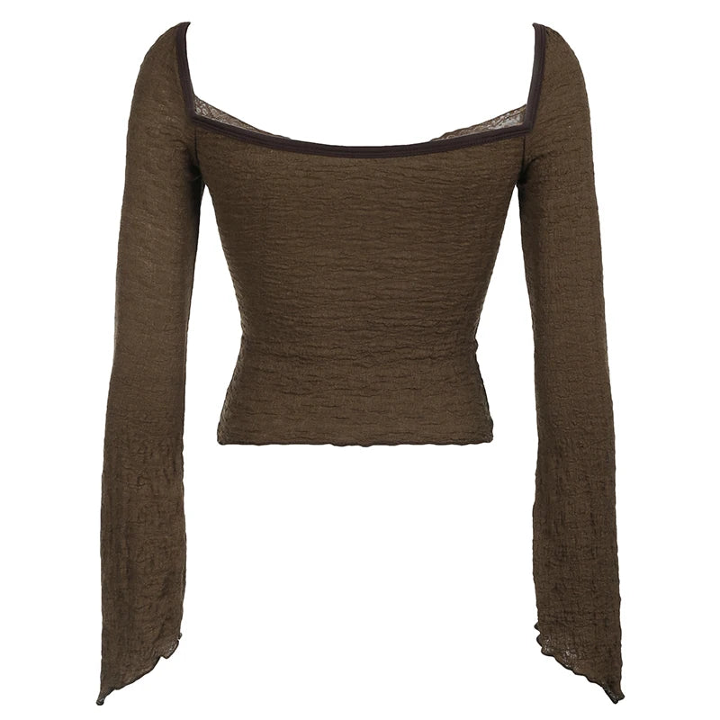 Hotsweet Lace Trim V-neck Brown Long Sleeve Blouses Bow Lace Up Flared Sleeve Slim Y2k Autumn New T-shirt
