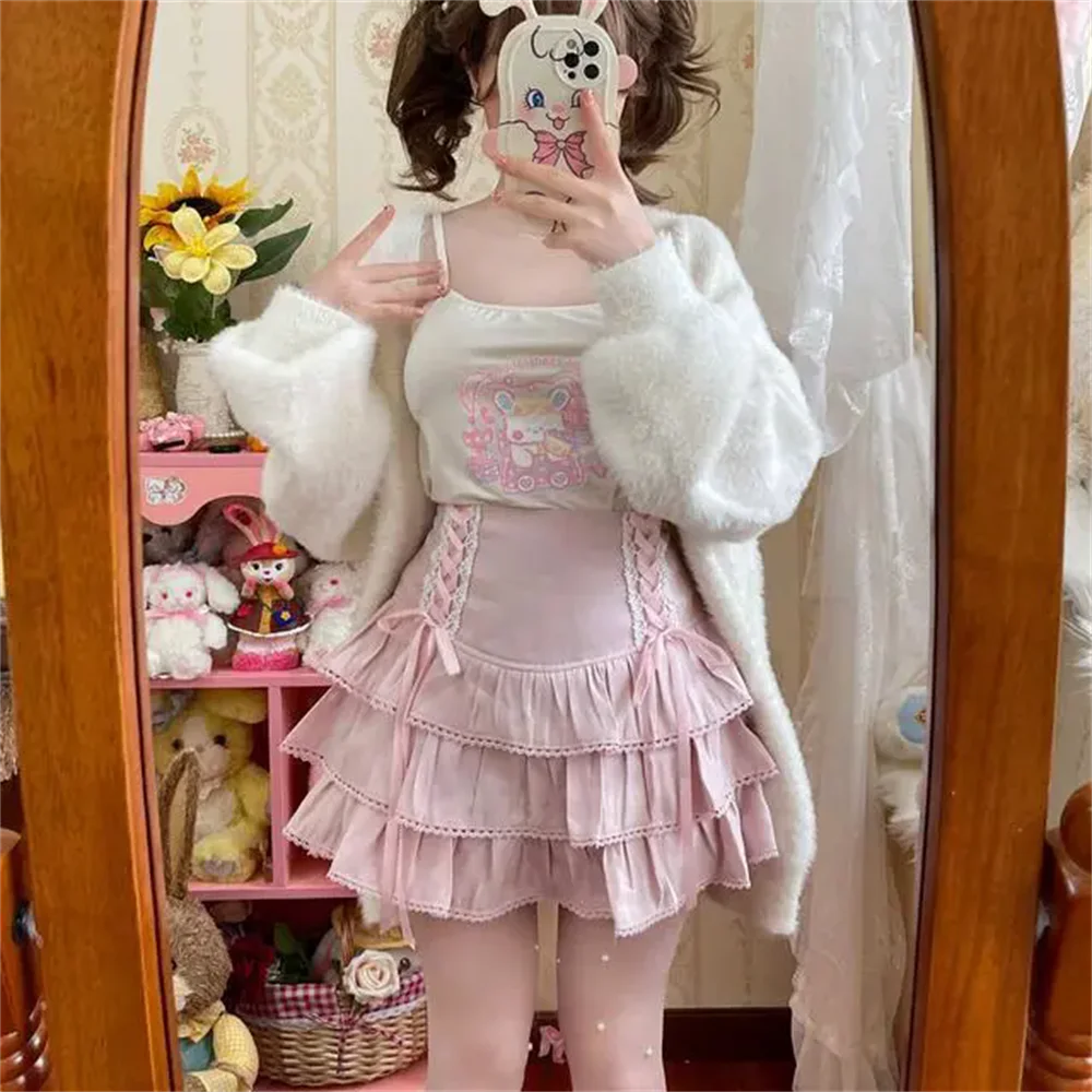High Waist Bow Laceup Fairy Y2k Aesthetic Cake Mini Skirts Japanese Harajuku Kawaii Lace Pleated Skirts
