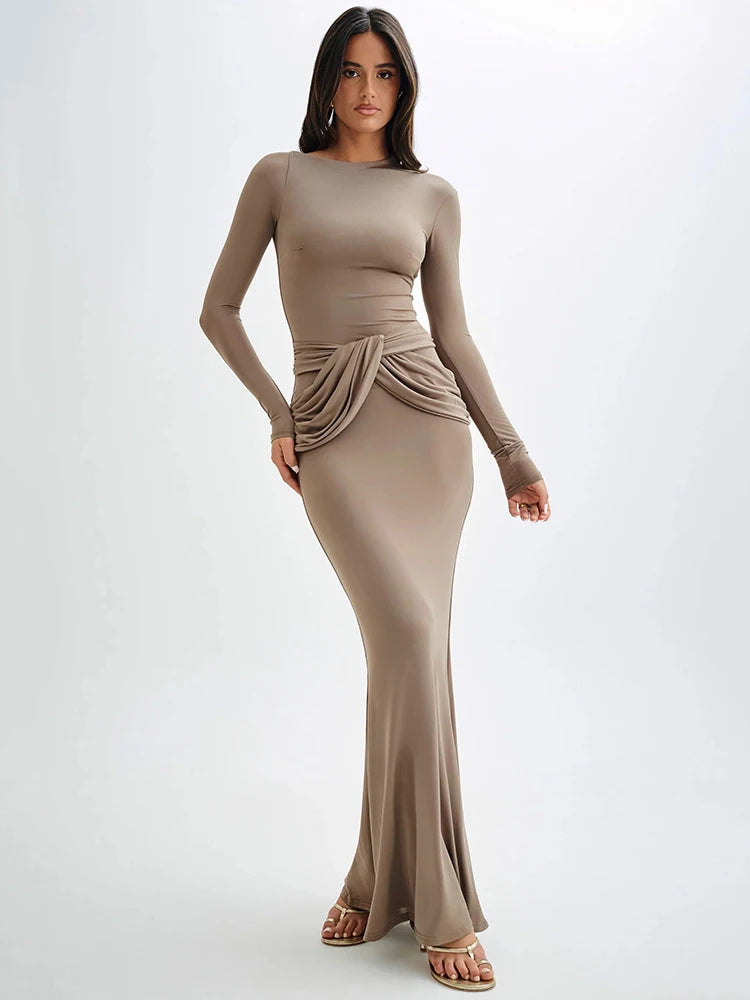 Diagonal Collar Long Sleeve Maxi Dress for Autumn Winter New High Waist Ruched Bodycon Long Dress