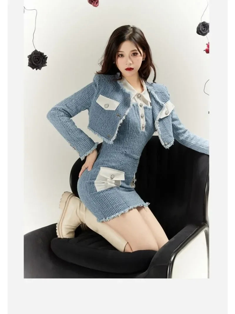 Sweet Hot Girl Denim Suit Autumn and Winter Short Coat Sleeveless Wrap Hip Dress Twopiece Set Female Clothes