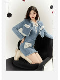 Sweet Hot Girl Denim Suit Autumn and Winter Short Coat Sleeveless Wrap Hip Dress Twopiece Set Female Clothes