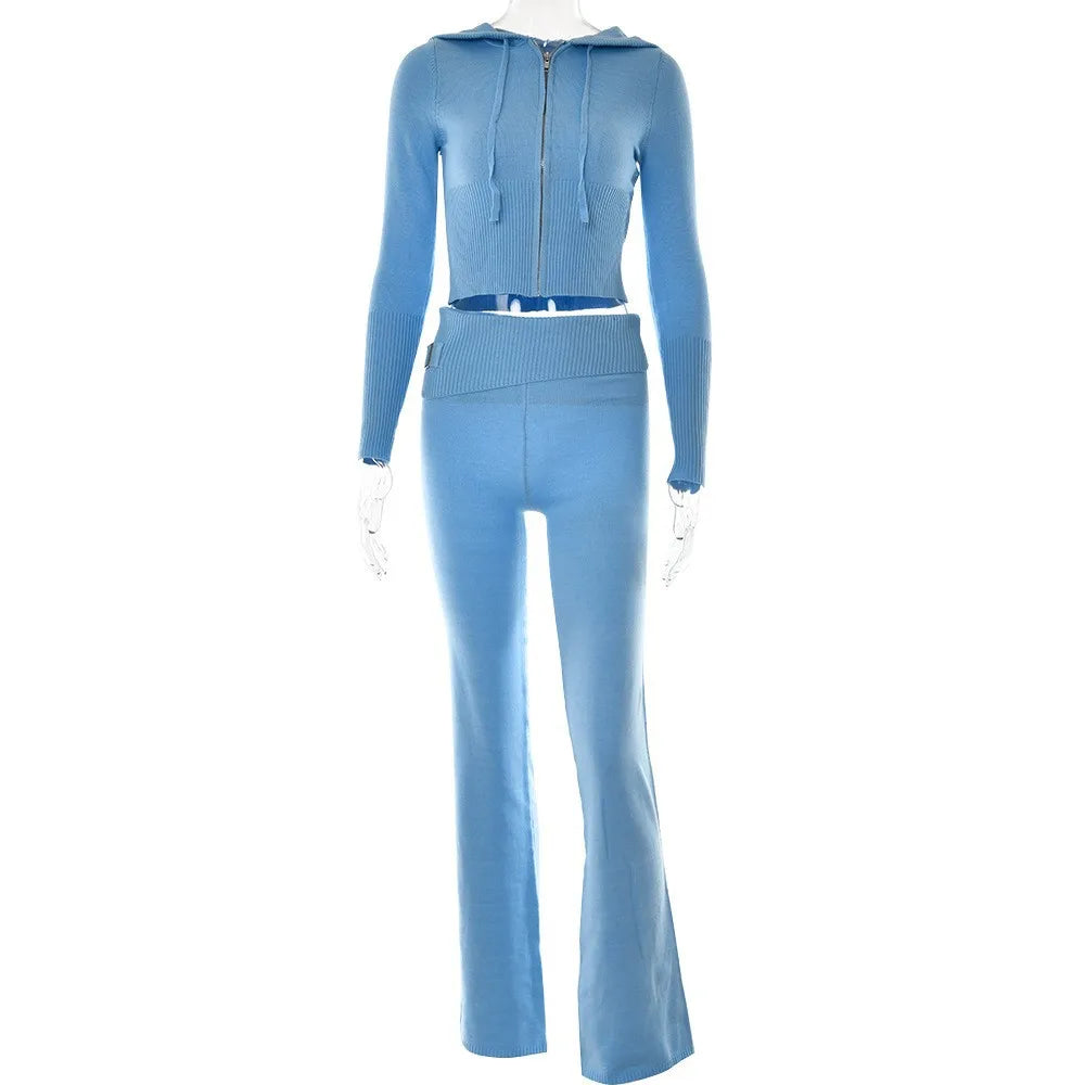 Knitted 2 Piece Sets Tracksuit Long Sleeve Zipper Hooded Sweater Crop Top Flare Pants Stretch Matching Suit Outfit