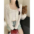 French White Bow Print Long Sleeved Knitted Sweater Spring Autumn New Gray Versatile Cardigan Tops Clothes Trend