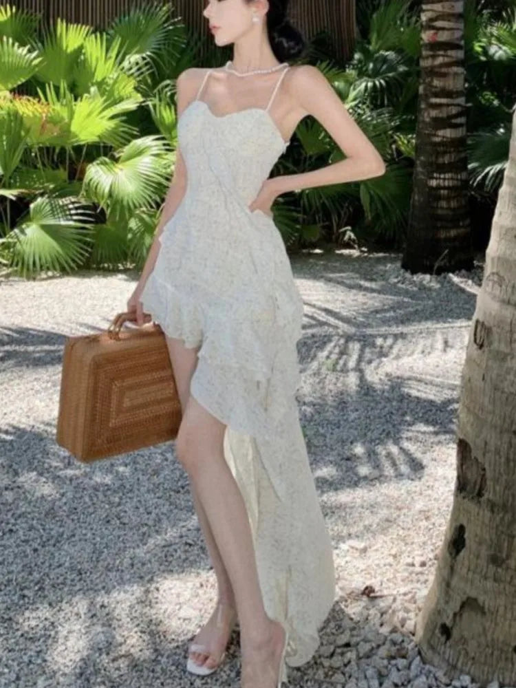Summer Club Sling Print Slim Fairy Dress Irregular Layered Ruffles Backless Holiday Party Long Dress New