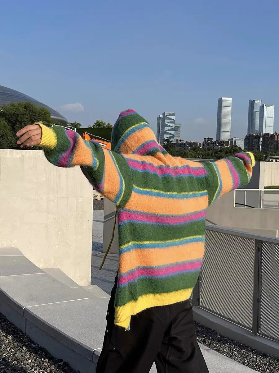 Retro Rainbow Striped Knitted Sweater Cardigan Color Blocked Versatile Autumn Winter Hooded Jacket