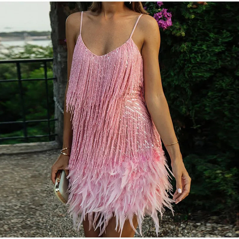New Tassel Sequins Feather Mini Dress Spaghetti Strap Stitching Dresses Female Evening Party Club Dress