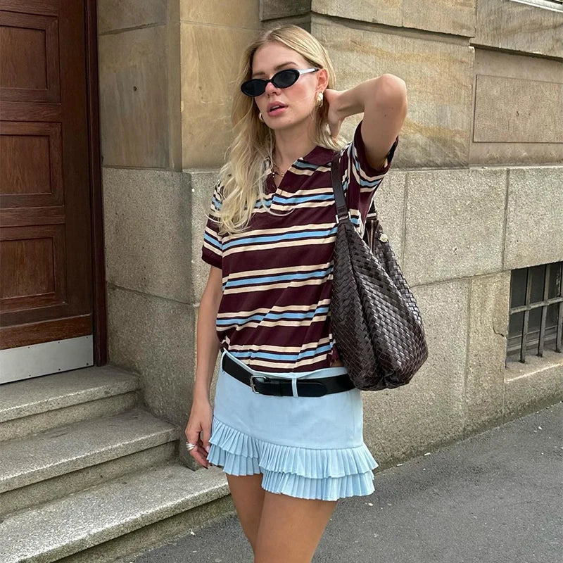 Stripe T-shirt Short Sleeve Female All Match Polo Shirts Summer New Loose Tops High Street