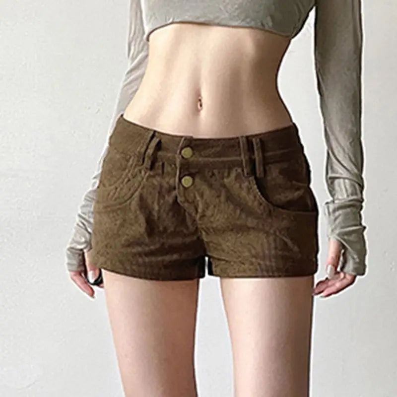 Autumn/winter Retro Furry Leopard Pattern Spliced Corduroy Shorts for Low Waist Slim Spicy Girl Pocket Hot Pants