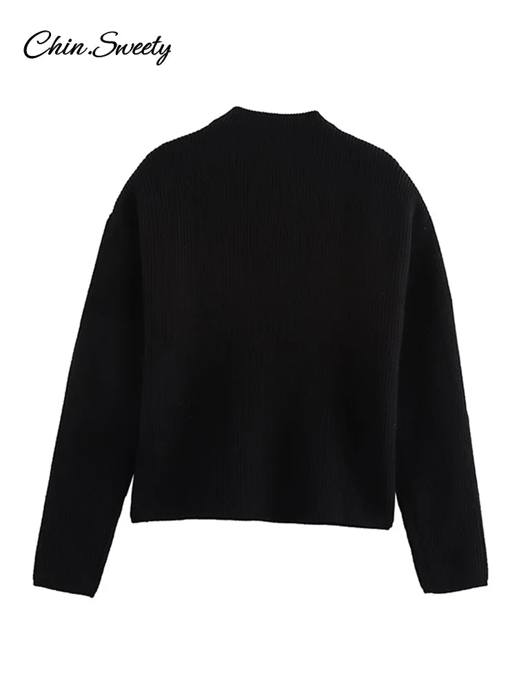 ’s Beading Sweater Pullover Knitted Black Long Sleeve O-neck Jumper New Spring Lady Outwears