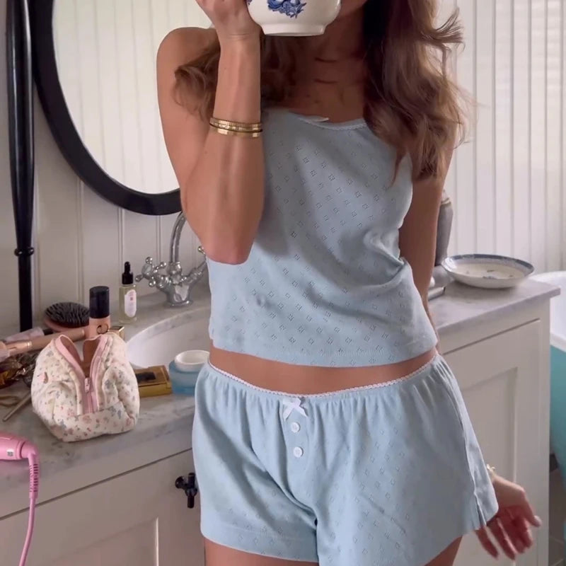Fairycore Comfy 2 Piece Pajama Set 00s Retro Kawaii Bow Sleeveless Camis Crop Tops + Shorts Y2k Sleepwear Loungewear