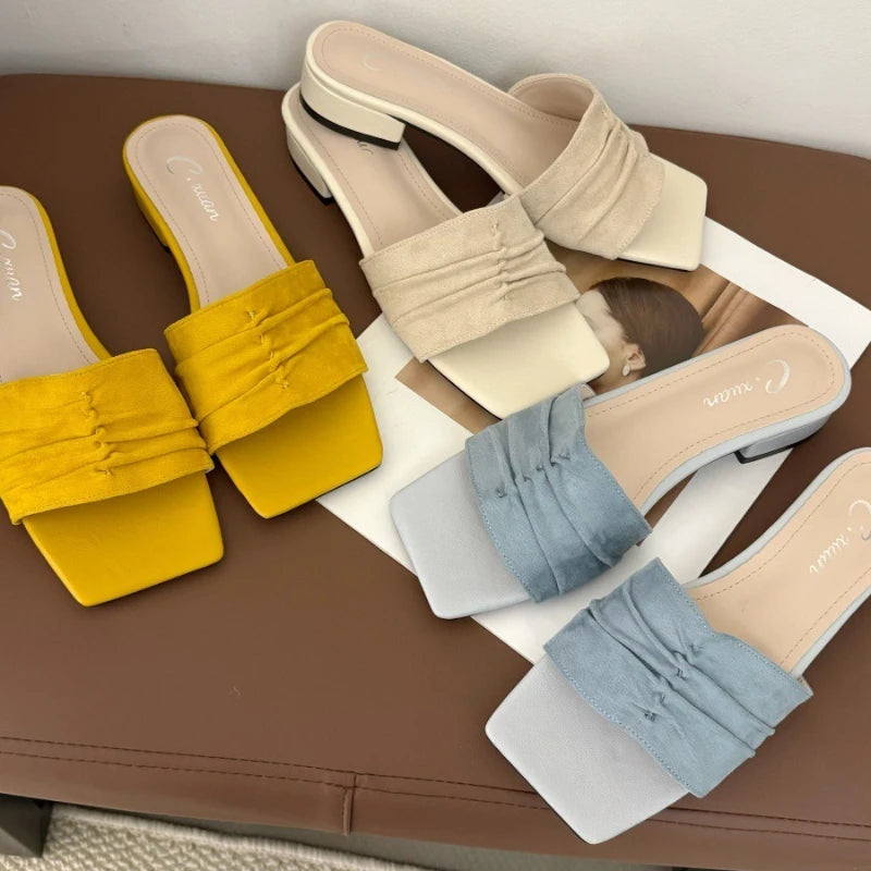 Square Toe Slippers Low Heel Slides Female Comfort Nonslip Summer New Sandals Flats Beach Shoes