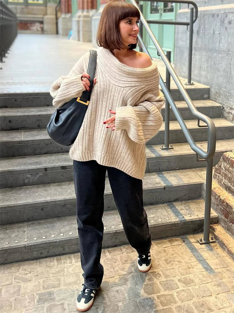 Knit Sweater Pullover for Loose Off-shoulder Ribbed Long Sleeve Knitwear Autumn Sweater
