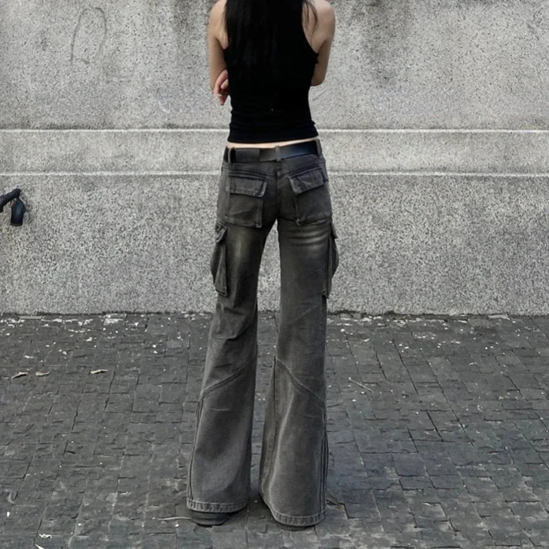 Distressed Washed Loose Cargo Jeans Spring New Korean Low Waist Pleated Denim Wide Leg Pants