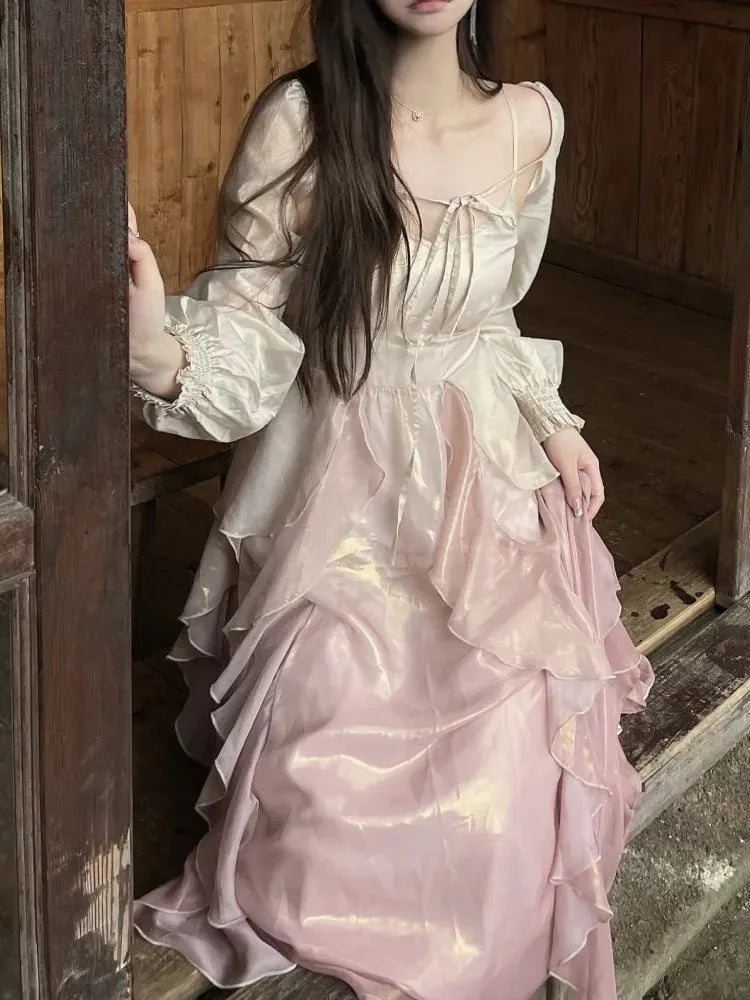 Summer French Evening Party Midi Dress Pink Korean Style Sweet Dress Female Bubble Sleeve Fairy Dress