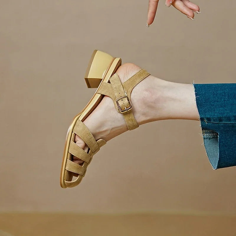 New Summer Sandals Sheep Suede Leather Shoes for Round Toe Chunky Heel Shoes Cover Toe Sandals Gladiator Shoes