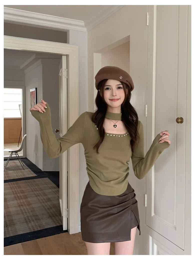 No Maillard Rule Neck Cutout Knitted Bottoms Autumn Design Sense of Pure Spice ' Slim Fit Short Suit Sweater
