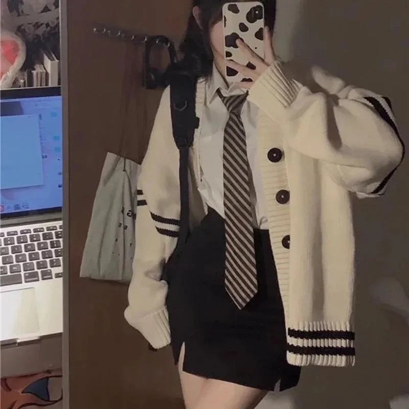 Striped Loose Cardigan Y2k Autumn Winter Single Breasted Sweater Korean Female Knitted Coat