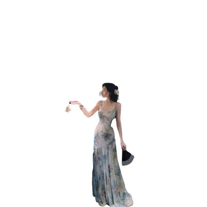 French Style Highend Dress for New Summer Unique Evening Party Dresses Printed Chiffon Suspender Long Dress.