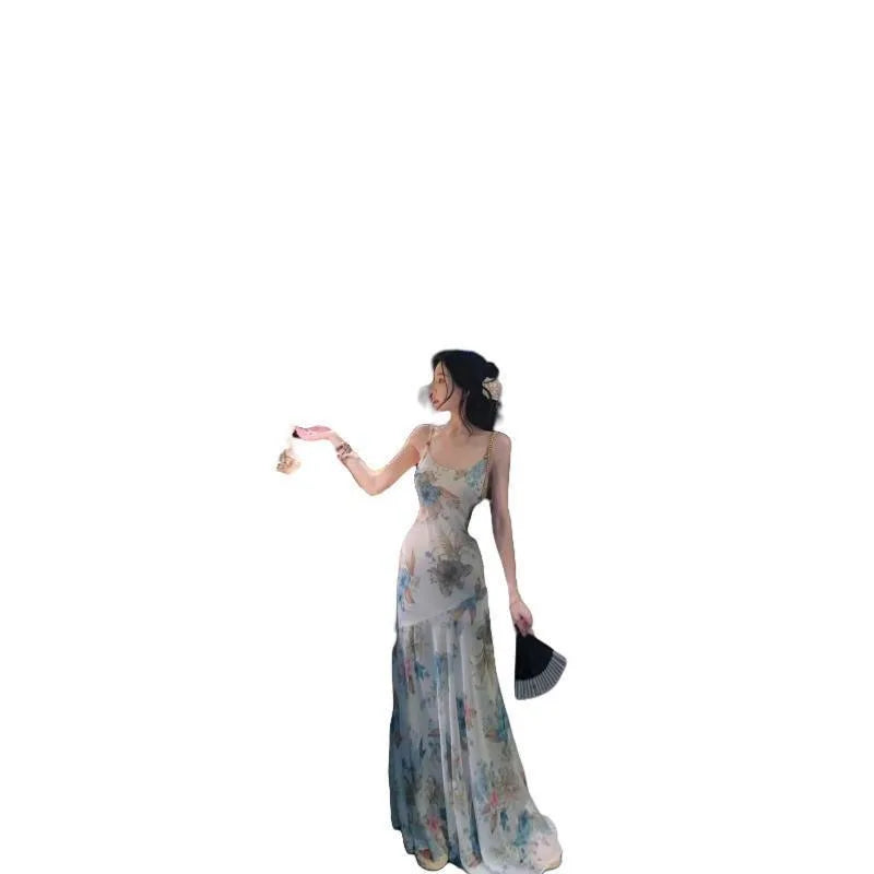 French Style Highend Dress for New Summer Unique Evening Party Dresses Printed Chiffon Suspender Long Dress.