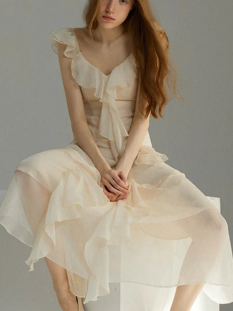 French Ruffles Midi Dress Summer New Sleeveless Vneck Holiday Beach Style Aline Party Prom Robe Vestido Mujer