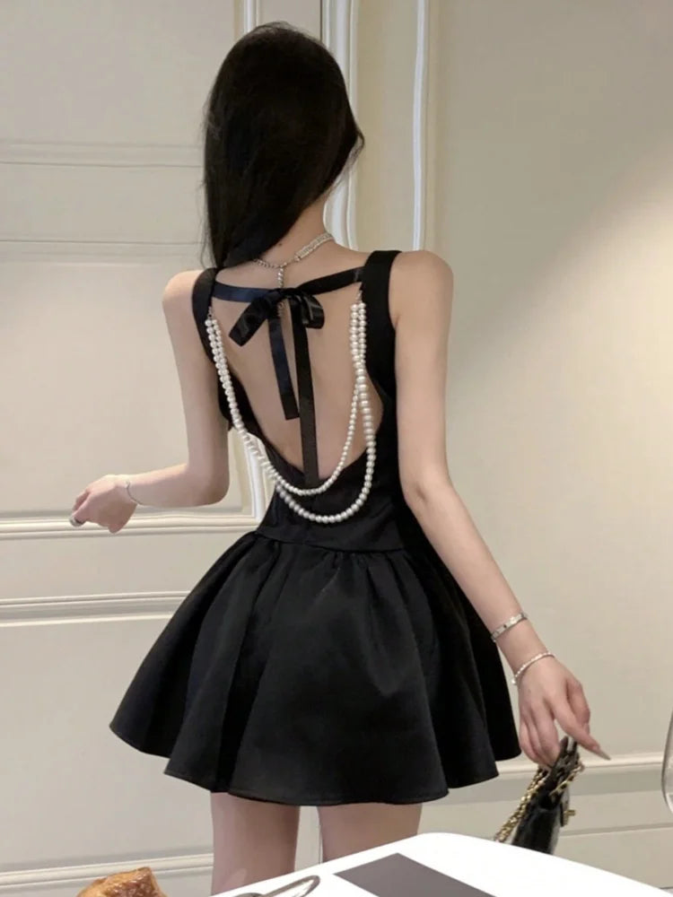 Korean Romantic Pearl Chain Backless Lace Up Princess Mini Dresses Sweet a Line Dress Birthday Evening Party Clothes