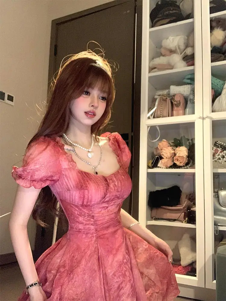 Summer Dresses Puff Sleeve French Style Retro Sweet Vestidos Mujer Print Aline Square Neck Mini Dress