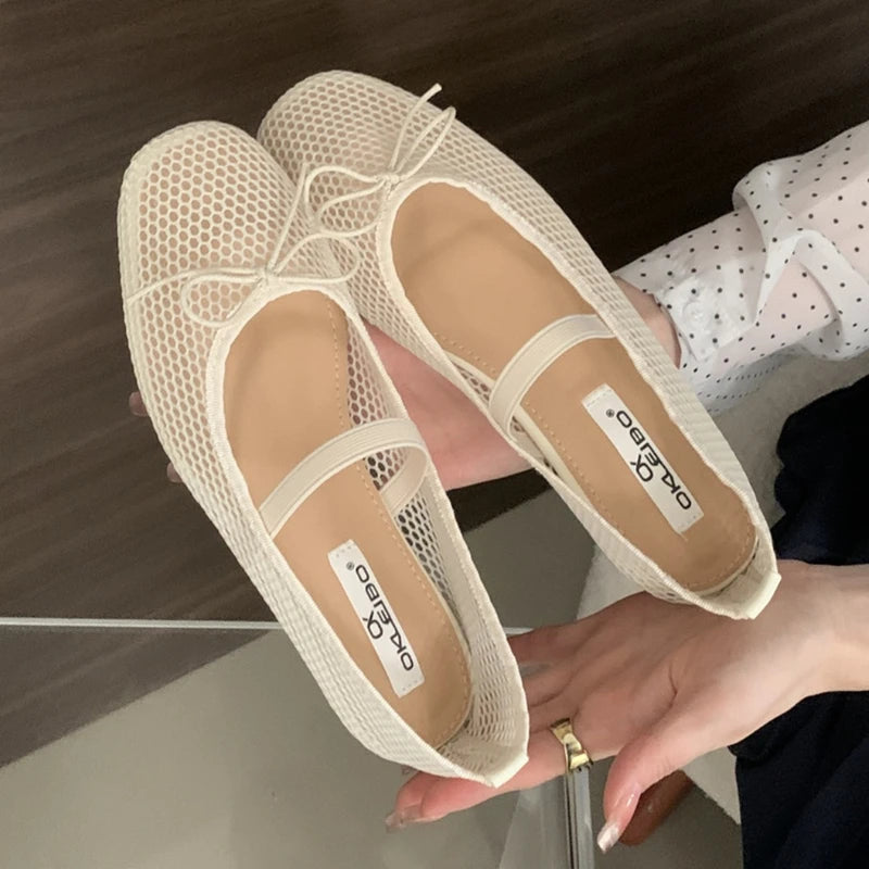 Simple Mesh Breathable Soft Bottom Mary Jane Shoes Design Bowknot Shallow Mouth Flat Shoes Party Ballet Dance Shoe