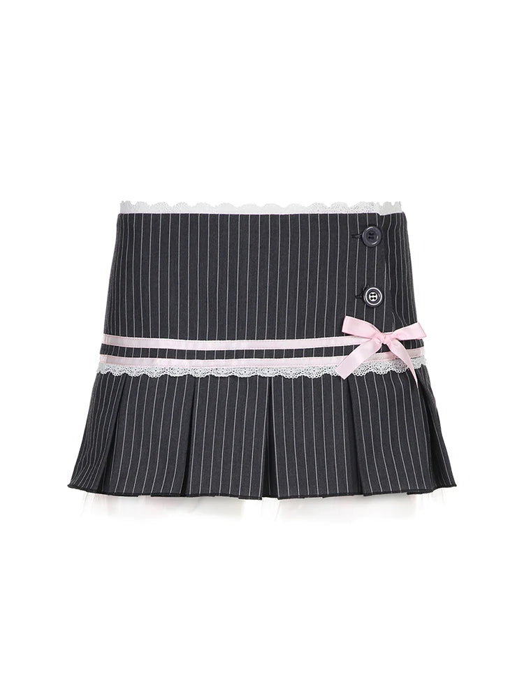 Contrast Lace Bow Stripe Y2k Mini Pleated Skirt Button Up Low Waist a Line Kawaii Sweet Ballet Preppy Skirts