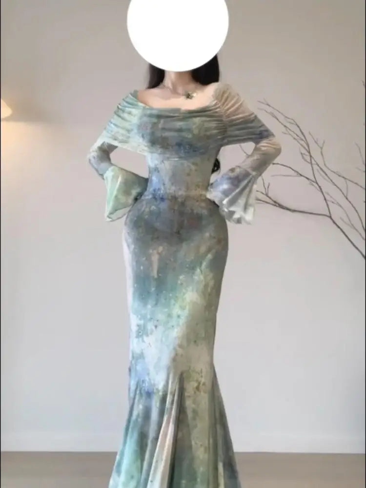 Evening Party Midi Dress Summer Long Sleeve Slash Neck Dress One Piece Dress Korean