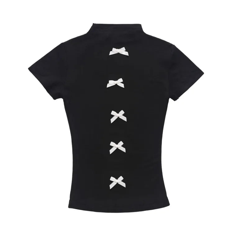 Bow Splicing Shortsleeved Tshirt Spring Summer New Base Shirt Slim Body Crop Top Korean Ropa De Mujer