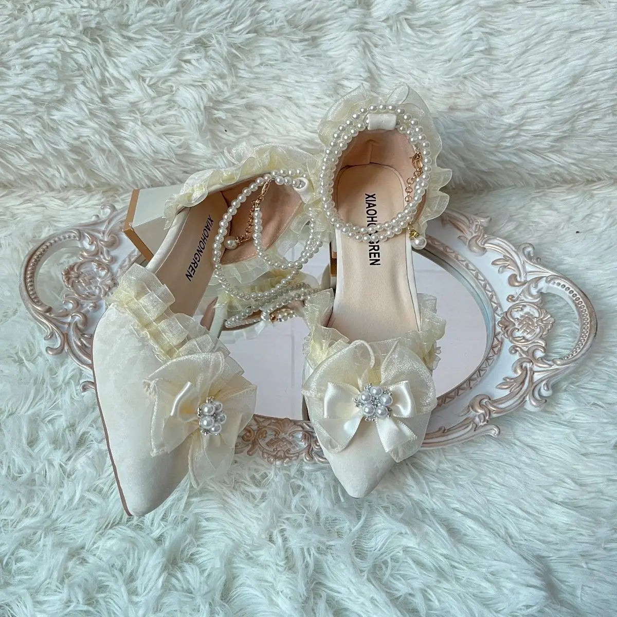 Lolita Sweet High Heel for Bow Slingback Shoes Wedding Shoes Bride Chunky Heel Shoes