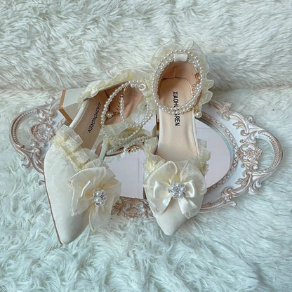Lolita Sweet High Heel for Bow Slingback Shoes Wedding Shoes Bride Chunky Heel Shoes