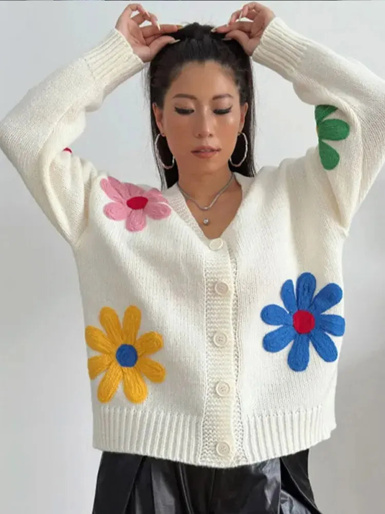 Autumn Knitted Sweater Sweet Flower Loose Long Sleeve O-neck Female Pullovers New Loose Tops