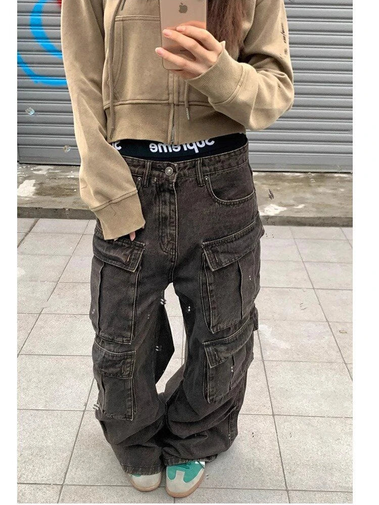 Oversize Cargo Jeans 90s Pockets Do Old Wide Leg Denim Pants Hip Hop Slouchy Trousers