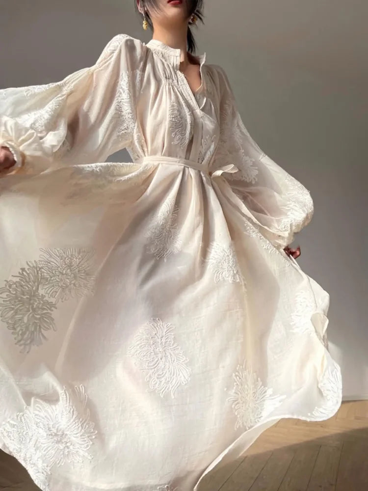 France Lantern Sleeve Embroidery Midi Dress for Spring Autumn New V Neck Lace Up Vestidos Korean Clothes