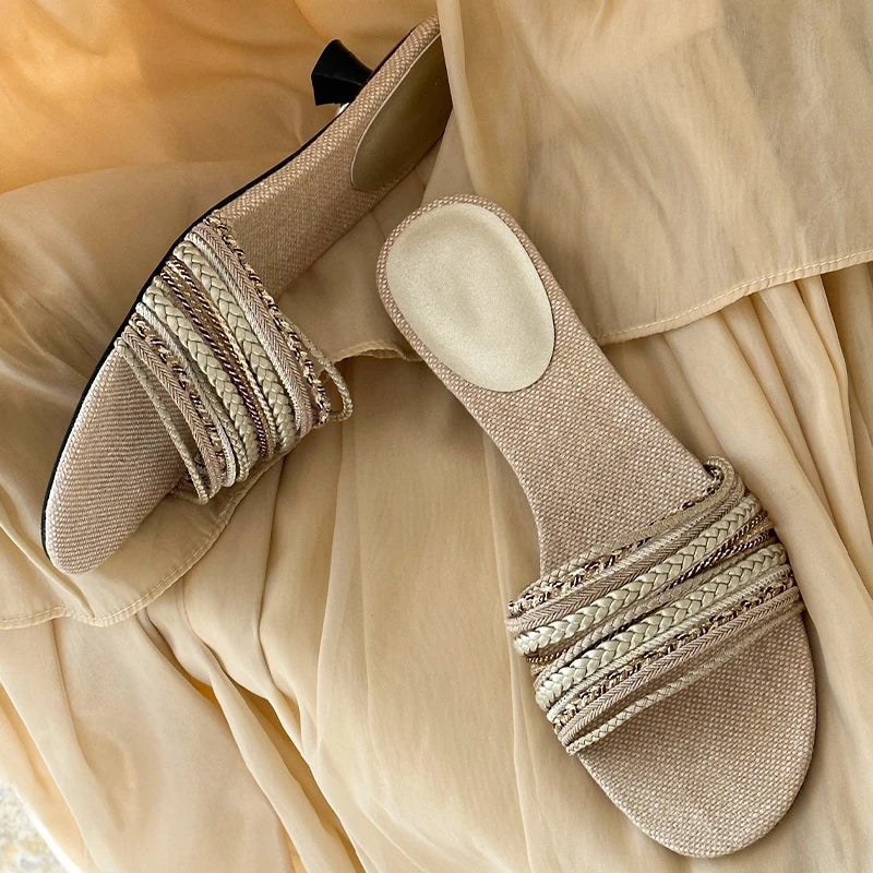 Designer Summer Low Heel Weave Slippers Open Toe Dress Slides Outdoor Gladiator Shoes