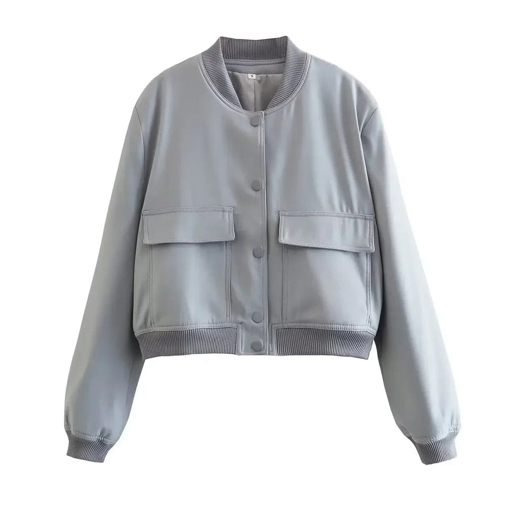 Basic Stand Collar Jacket Long Sleeve Cardigan Button Up Cropped Coat Baseball Outerwear Autumn Winter Clothes