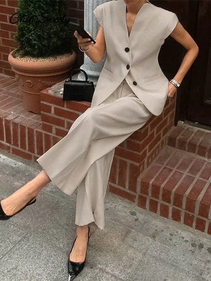 Waistcoat Pants Set for 2 Pieces Single Breasted Tank Wide Leg Trousers Spring Summer Lady Commute Outfits