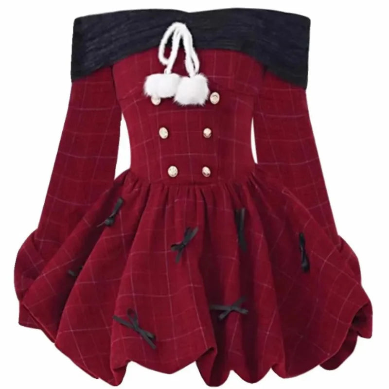 Y2k Christmas Red Party Dress Sweet Plaid Bow Dresses Female Korean Kawaii Mini Dress