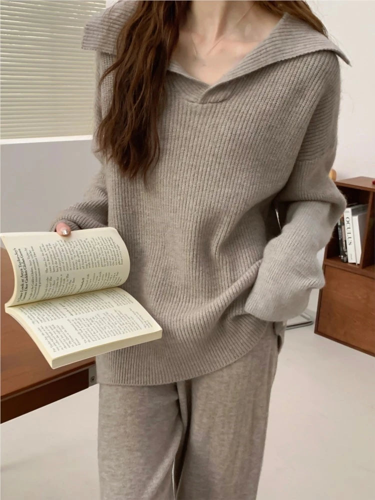Autumn Winter ’s Knitted 2-piece Set Lapel Pullover Sweater Long Pants Korean Female Clothing Knitwear New