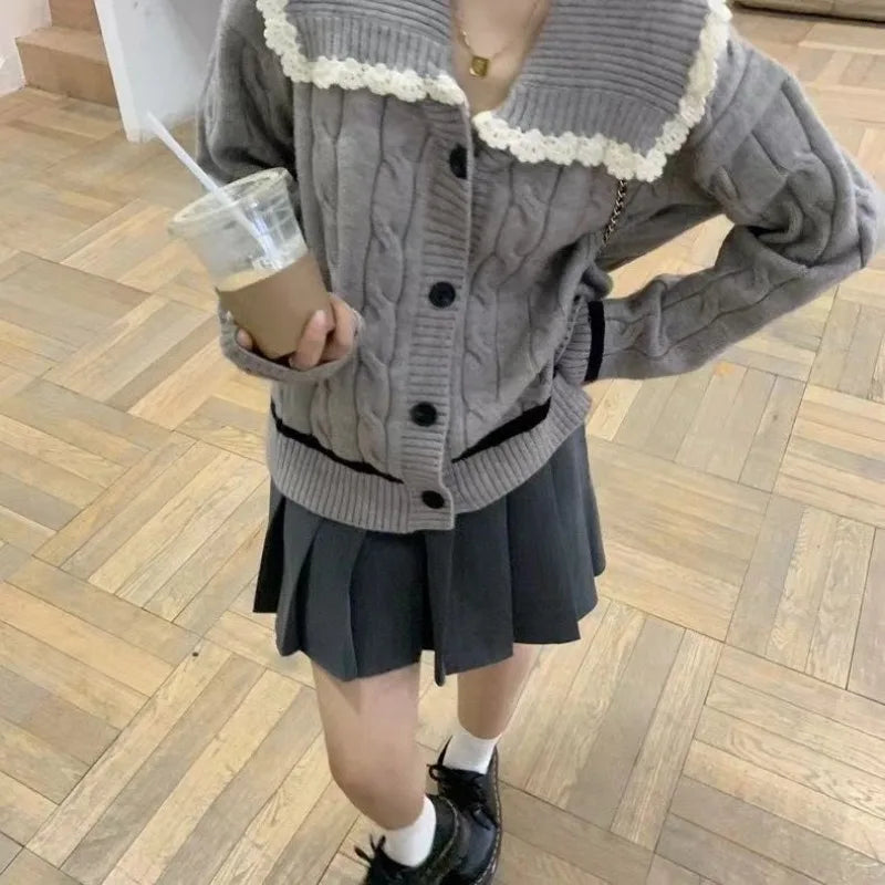 Knitted Cardigan Sweet Lace Turn Down Collar Preppy Style Loose Stretch Outwear Sweater Female