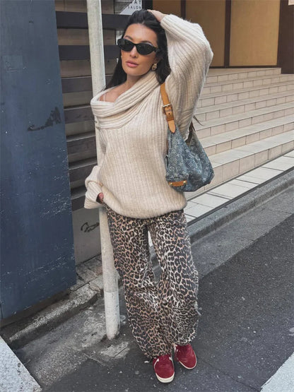 Knit Sweater Pullover for Loose Off-shoulder Ribbed Long Sleeve Knitwear Autumn Sweater