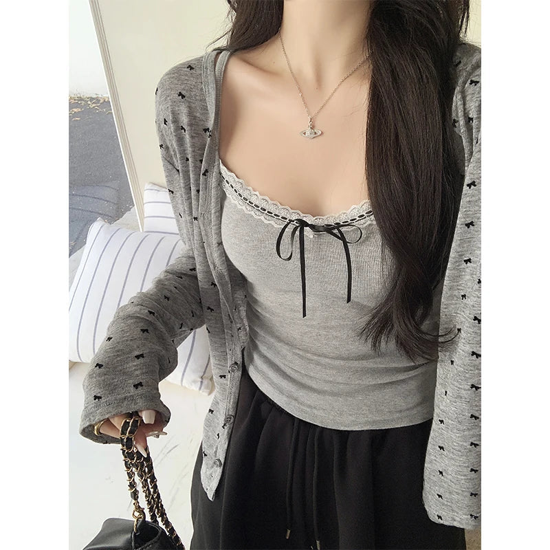 French White Bow Print Long Sleeved Knitted Sweater Spring Autumn New Gray Versatile Cardigan Tops Clothes Trend