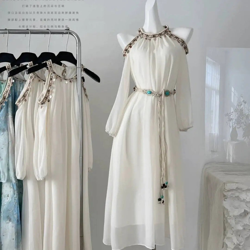 Autumn New Vacation Style Slim Fit Shell Lace White Dress Fairy Off Shoulder Loose Aline Long Dress for