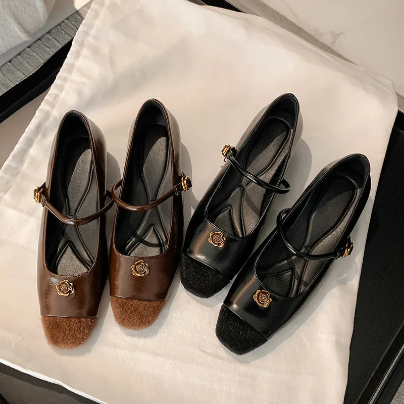 Simple Flower Mary Jane Shoes Spring New Round Head One Strap Metal Buckle Office Square Heel Flat Shoes